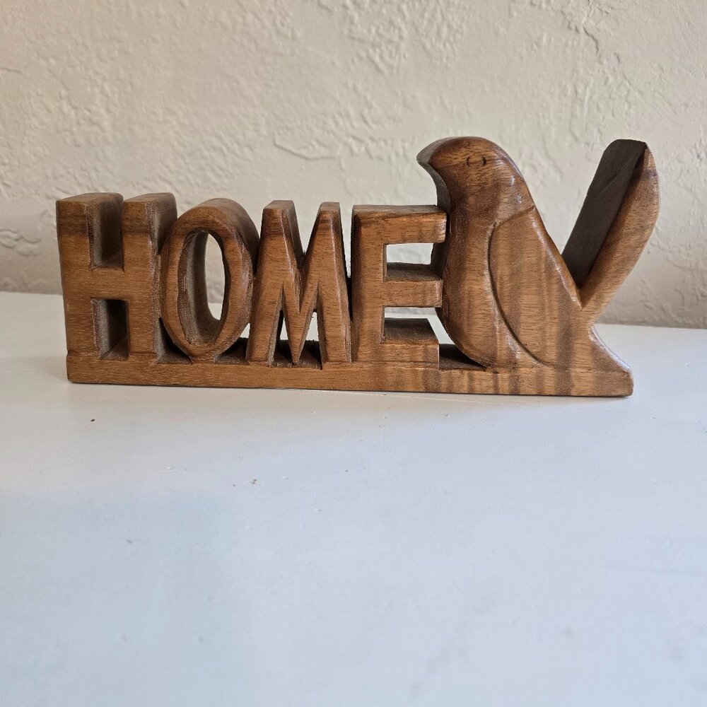 Hand Carved Wood HOME Sign with Bird Figurine Standing Shelf Decor
